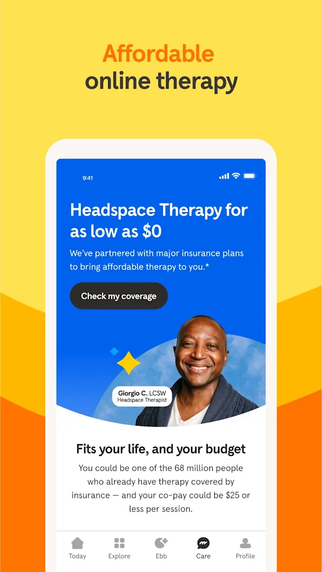 Phone screen displays an ad for Headspace Therapy, offering plans as low as $0. Text above reads 'Affordable online therapy.' 