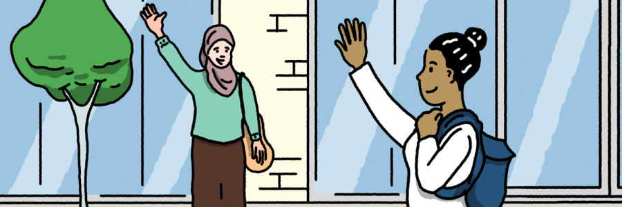 a cartoon image of a person waving to someone else on the street