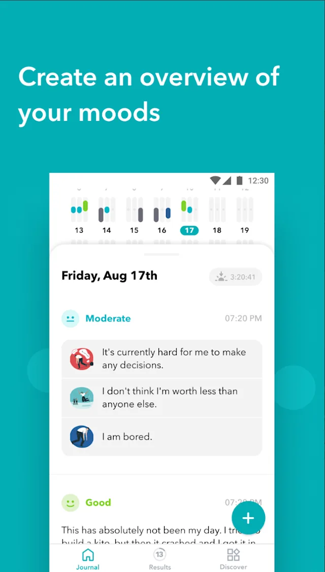 App interface showing mood tracking with color-coded icons. Text above reads: "Create an overview of your moods." 