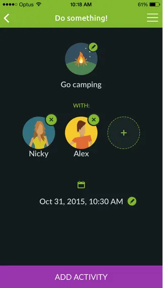 Mobile app screen showing a camping activity planned with two people, Nicky and Alex. The date and time are set for October 31, 2015, at 10:30 AM.