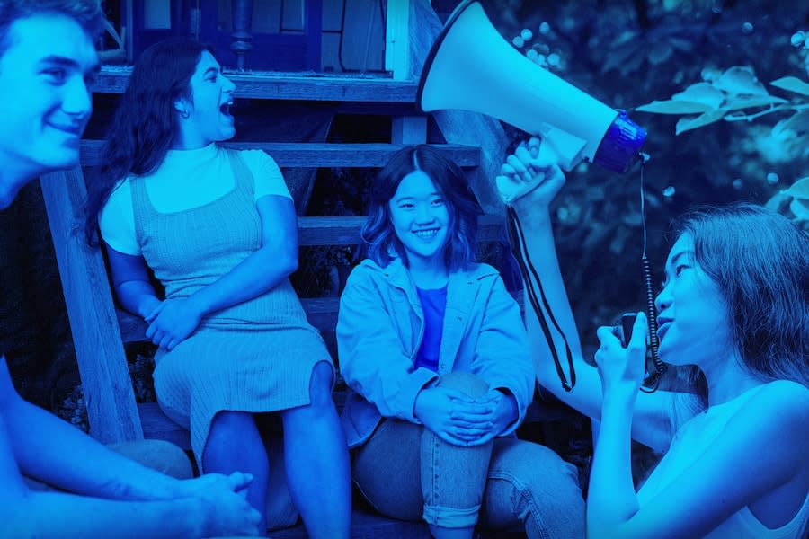 a group of young people chatting. the image is tinted blue. on the right, there is an image of a young person holding a megaphone which is superimposed on the image of the young people talking