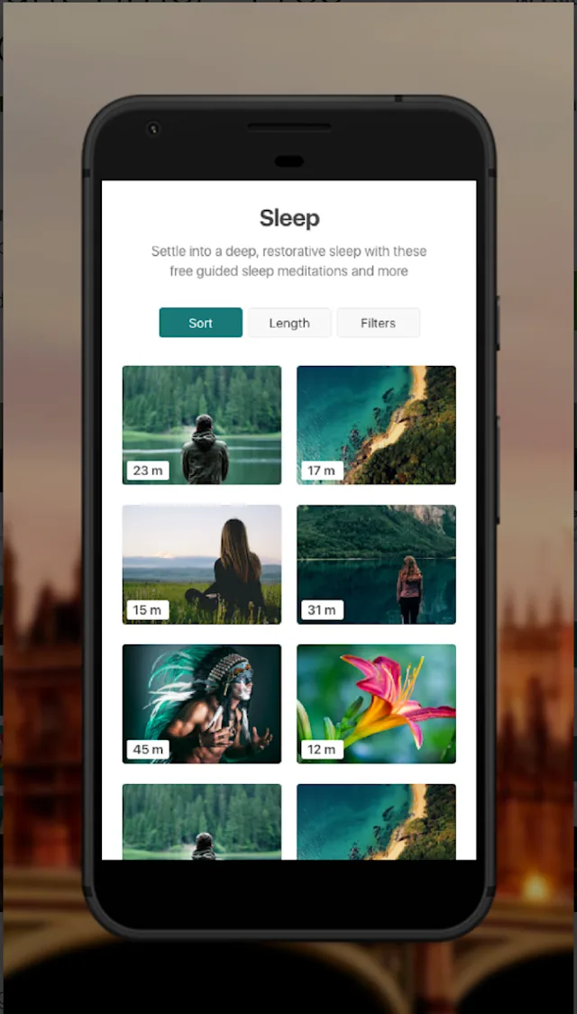 An app interface with different sleep meditations. Text reads: "Sleep. Settle into a deep, restorative sleep with these free guided sleep meditations and more'. 