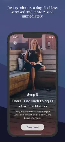 Screenshot of 1 Giant Mind app featuring a serene woman sitting cross-legged on a wooden bench. Text above reads, "Just 15 minutes a day. Feel less stressed and more rested immediately." The app displays "Step 3: There is no such thing as a bad meditation." A download button is visible at the bottom.