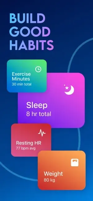 App interface showing four colourful blocks labelled 'Exercise Minutes - 30 min total,' 'Sleep - 8 hr total' 'Resting HR - 77 bpm avg' and 'Weight - 80 kg.' Text above reads: 'Build Good Habits.'