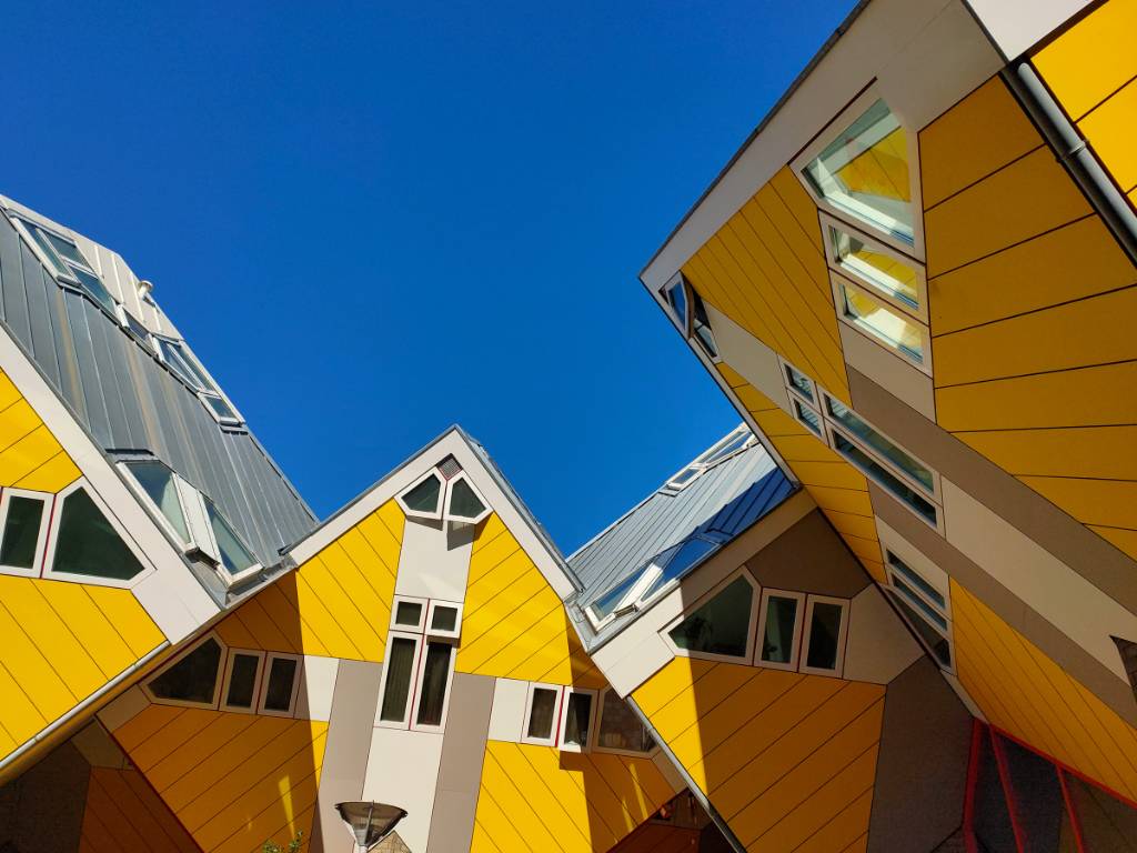 A picture of the famous yellow cubic houses in Rotterdam's city centre