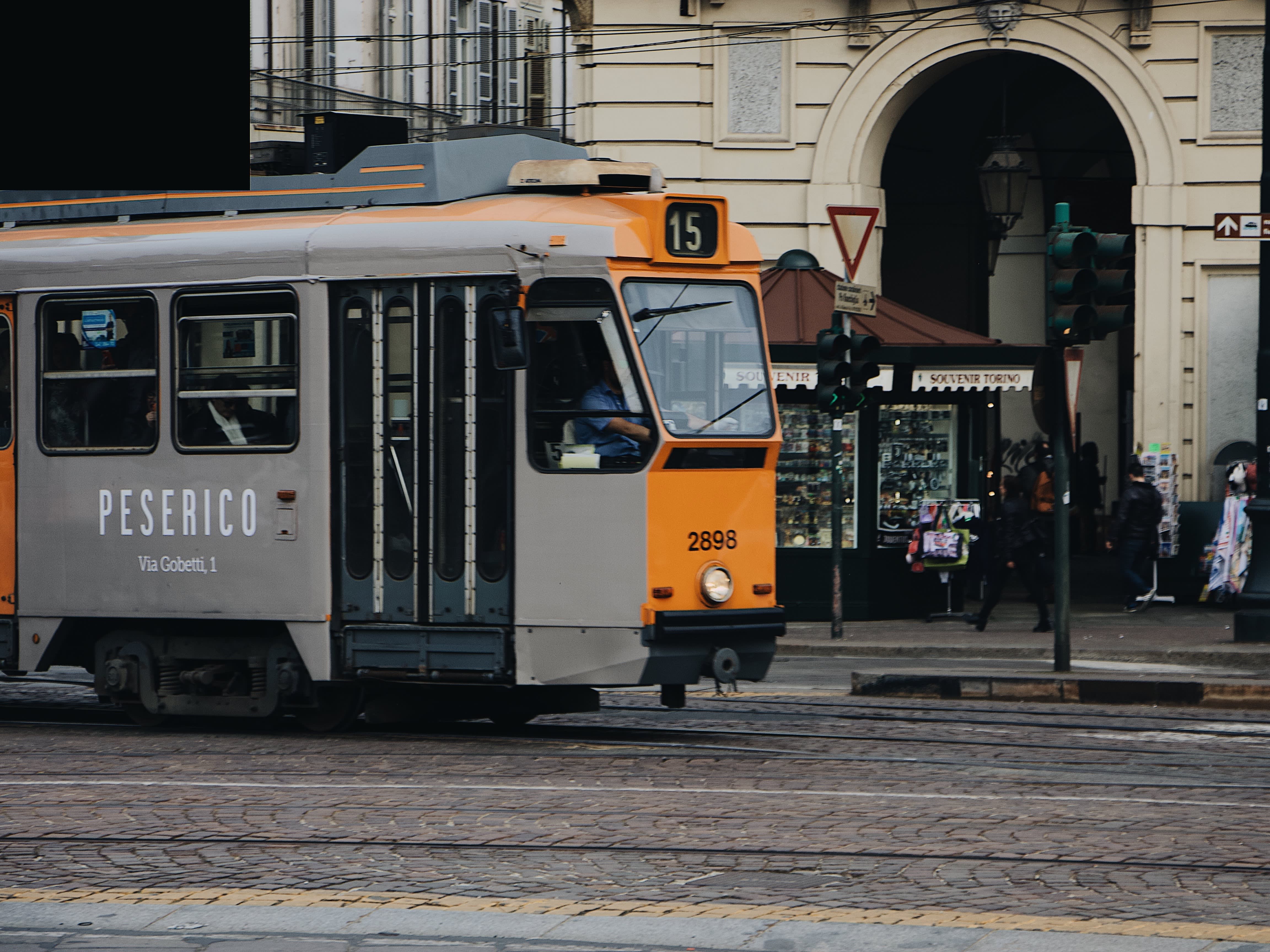 Tram in Turin on an empty street