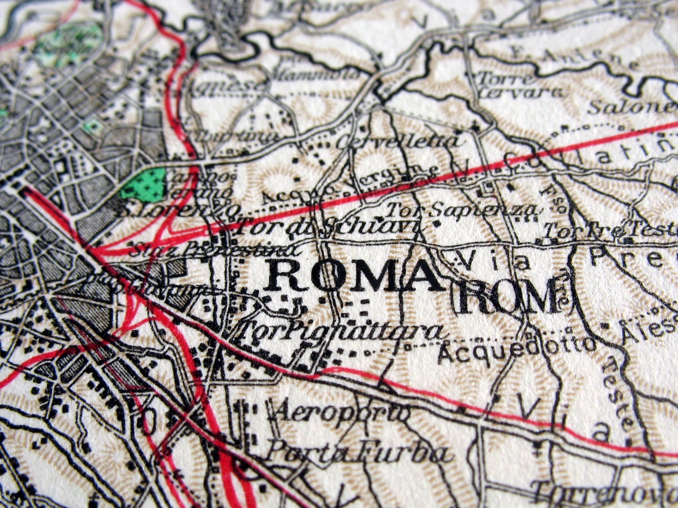 A vintage back and white map of Italy zoomed in on Rome