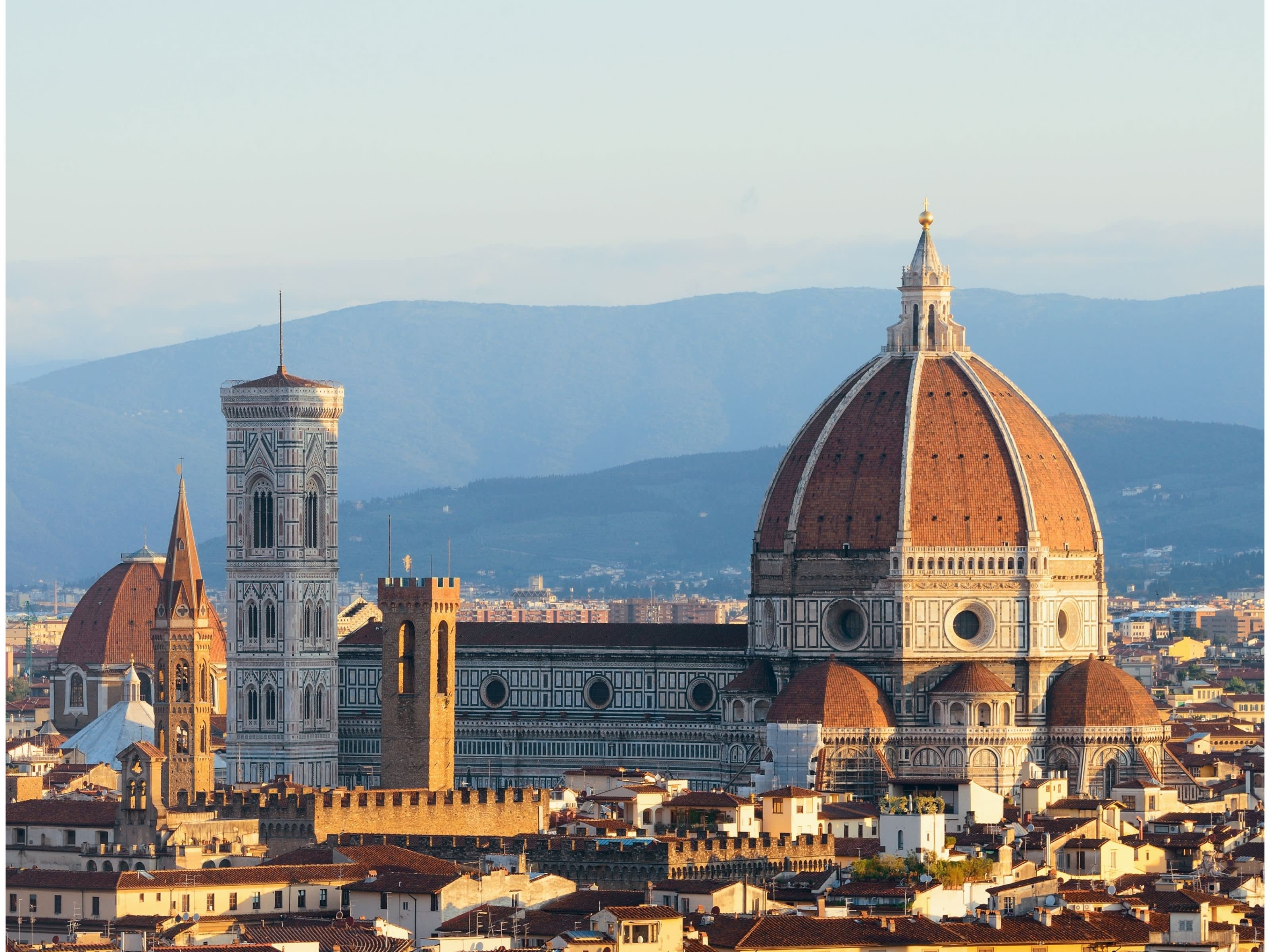 A picture of the skyline of Florence taken from up high, including the Santa Maria de Fiore cathedral 