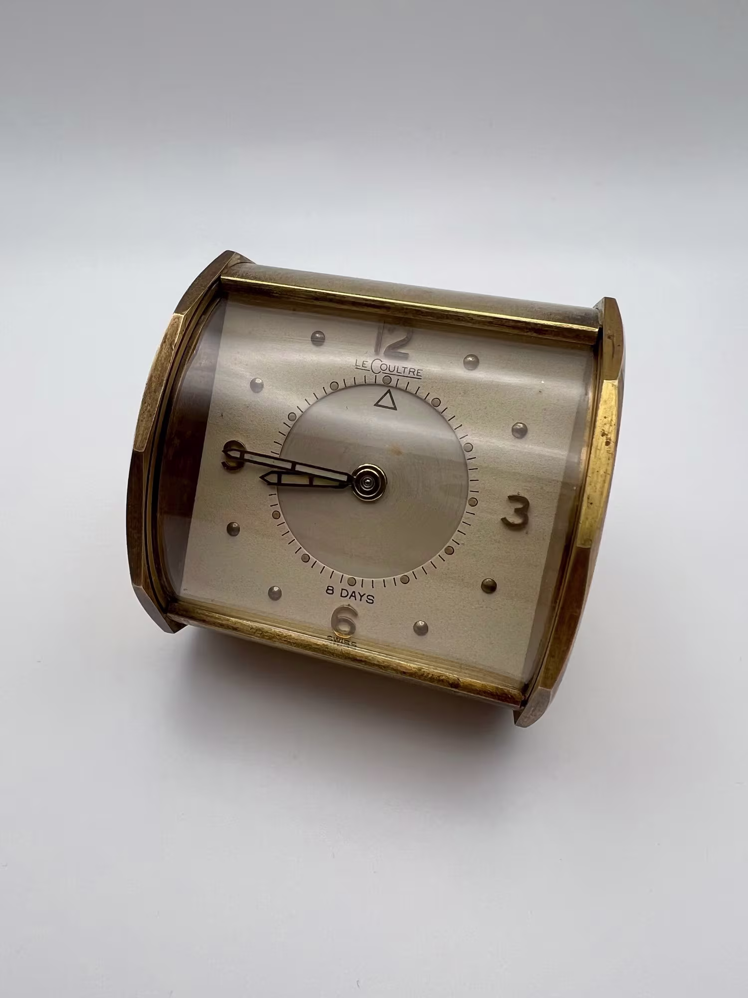 Jaeger LeCoultre 8 Days Alarm Travel Clock, 1950s, dial straight on