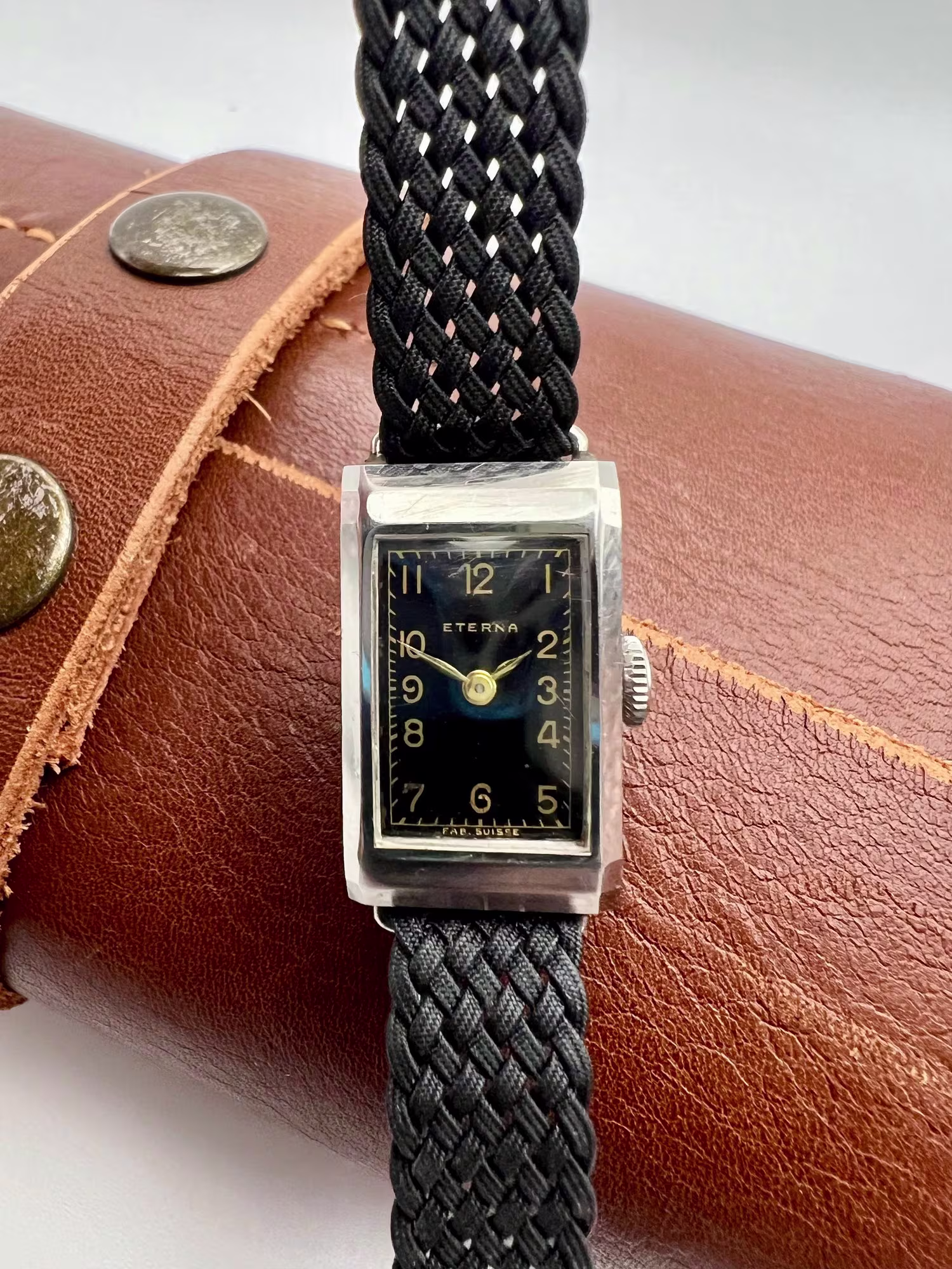 Eterna Dress Watch 1930s, Rectangular Case, Black Dial, dial straight on