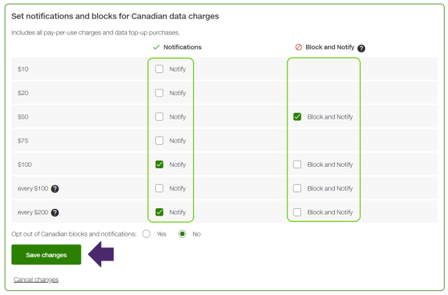 Set Canadian data charges notifications
