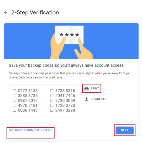 google 2-step backup codes
