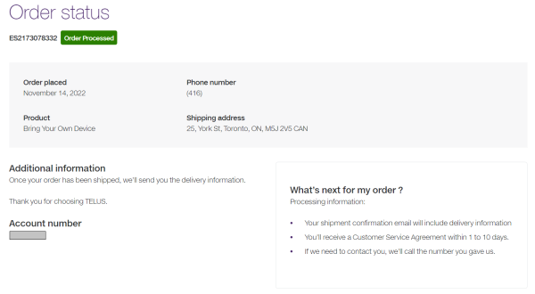 My TELUS - Mobility Order status page