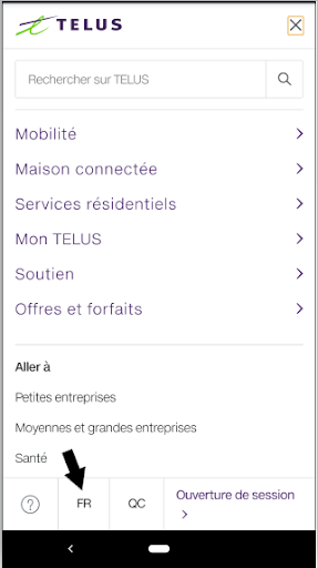 Screenshot from My TELUS app with arrow pointing to the language button