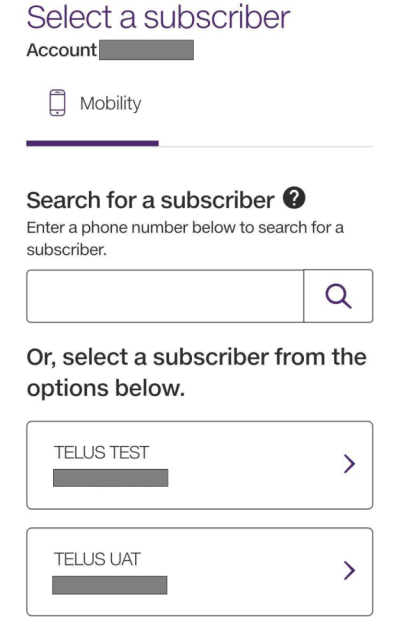 Select subscriber - My TELUS app