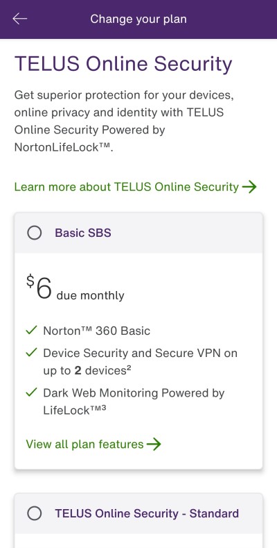 My TELUS App - Online Security Plans