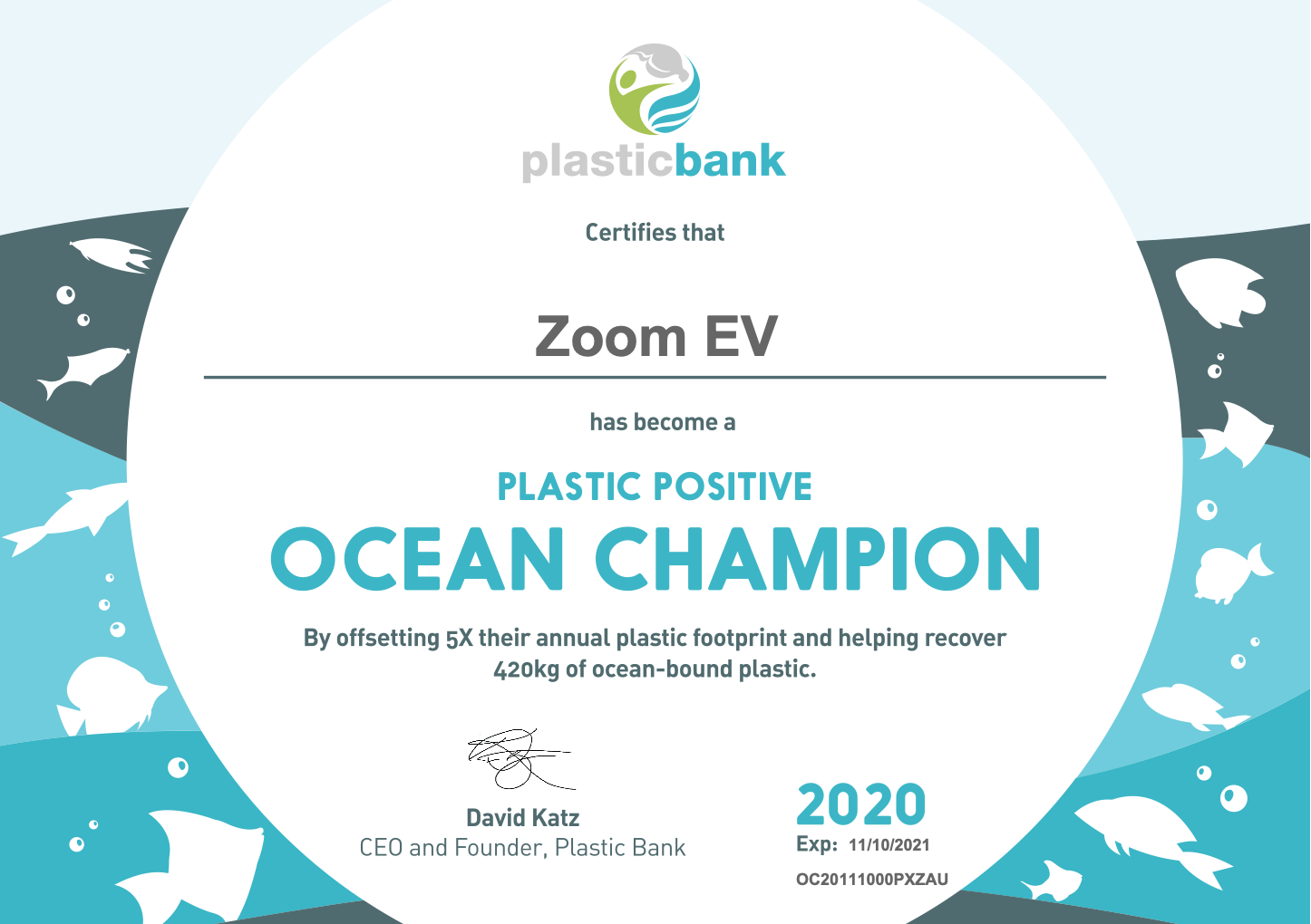 Zoom EV Ocean Champion Certificate