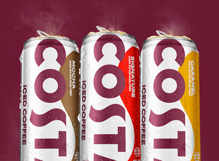 three Cans of Iced Latte by Costa Coffee in flavors: mocha, signature and caramel