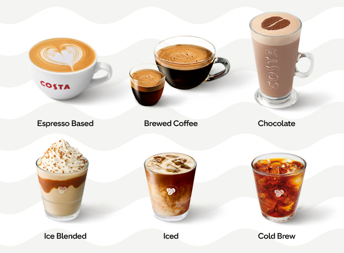 various types of coffee in a glass or cup 