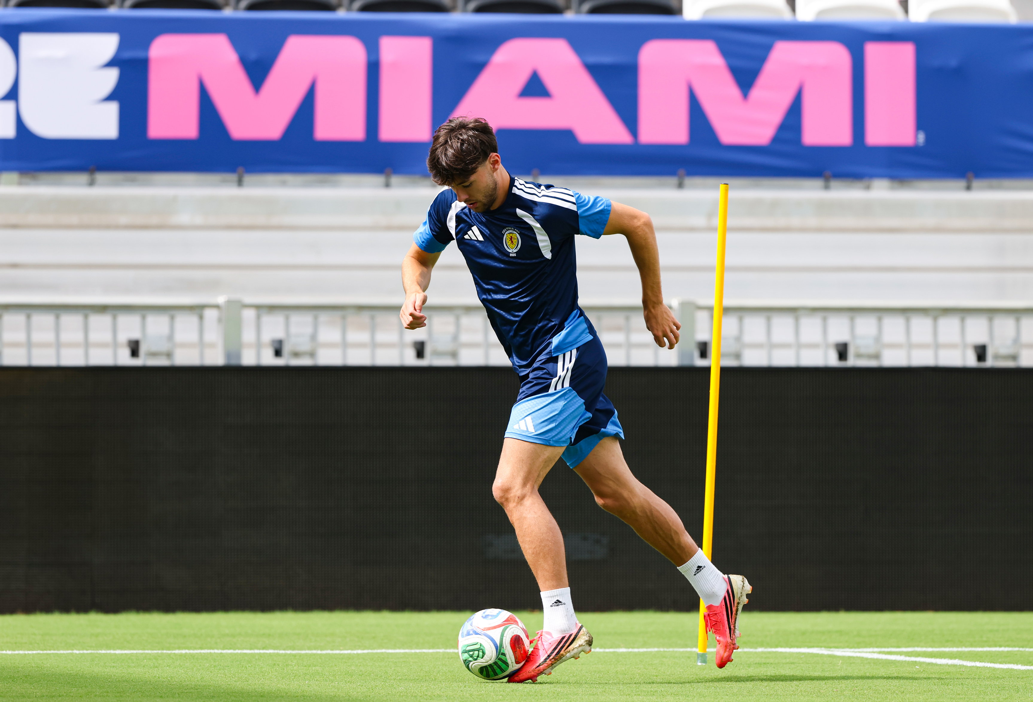 FORT LAUDERDALE, UNITED STATES - JUNE 23: Aaron Hickey during a Scotland MD-1 training session at Chase Stadium, on June 23, 2026, in Fort Lauderdale, United States. (Photo by Craig Williamson / SNS Group)