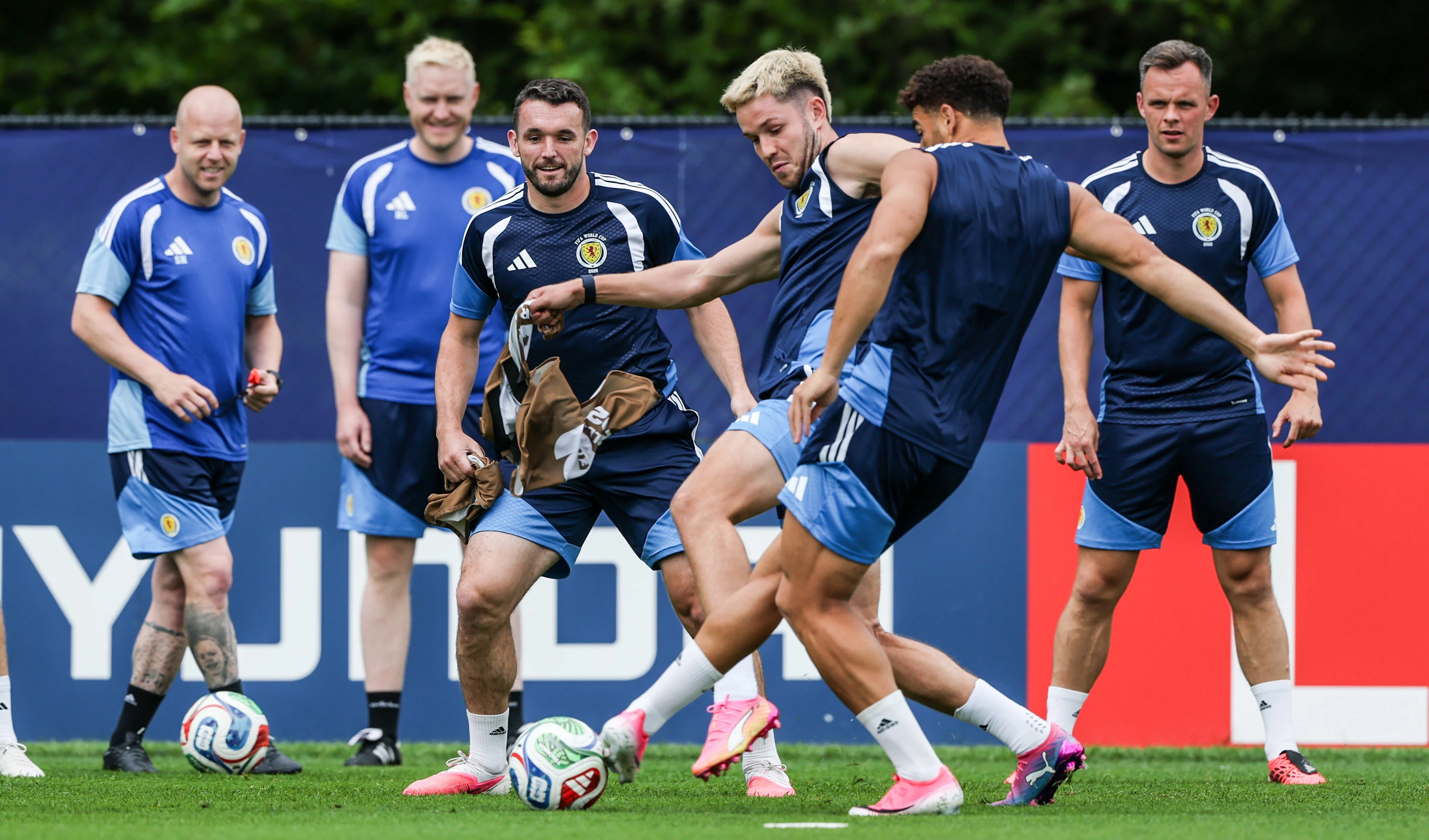 FOXBOROUGH, UNITED STATES - JUNE 18: (L-R) John McGinn, George Hirst, Che Adams and Lawrence Shankland during a Scotland MD-1 training session at the Revolution Training Centre, on June 18, 2026, in Foxborough, United States. (Photo by Craig Williamson /…