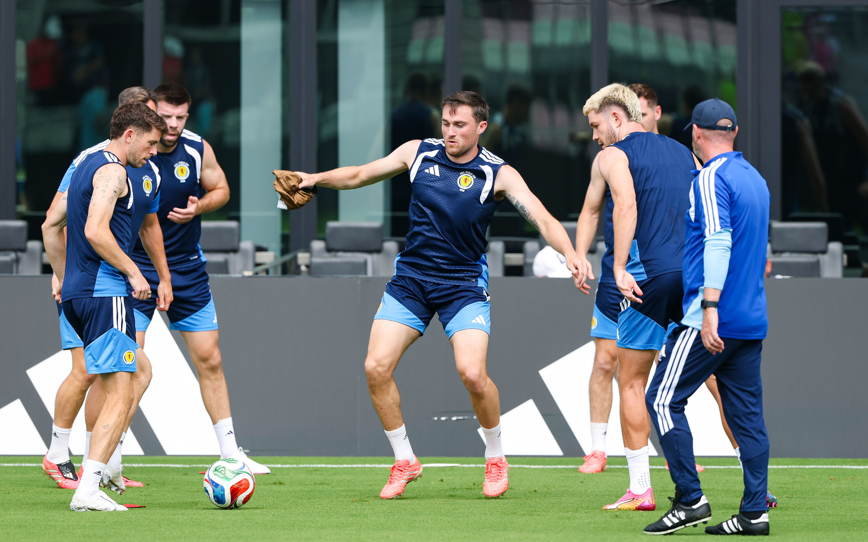 FORT LAUDERDALE, UNITED STATES - JUNE 23: (L-R) Ryan Christie, John Souttar and George Hirst during a Scotland MD-1 training session at Chase Stadium, on June 23, 2026, in Fort Lauderdale, United States. (Photo by Craig Williamson / SNS Group)