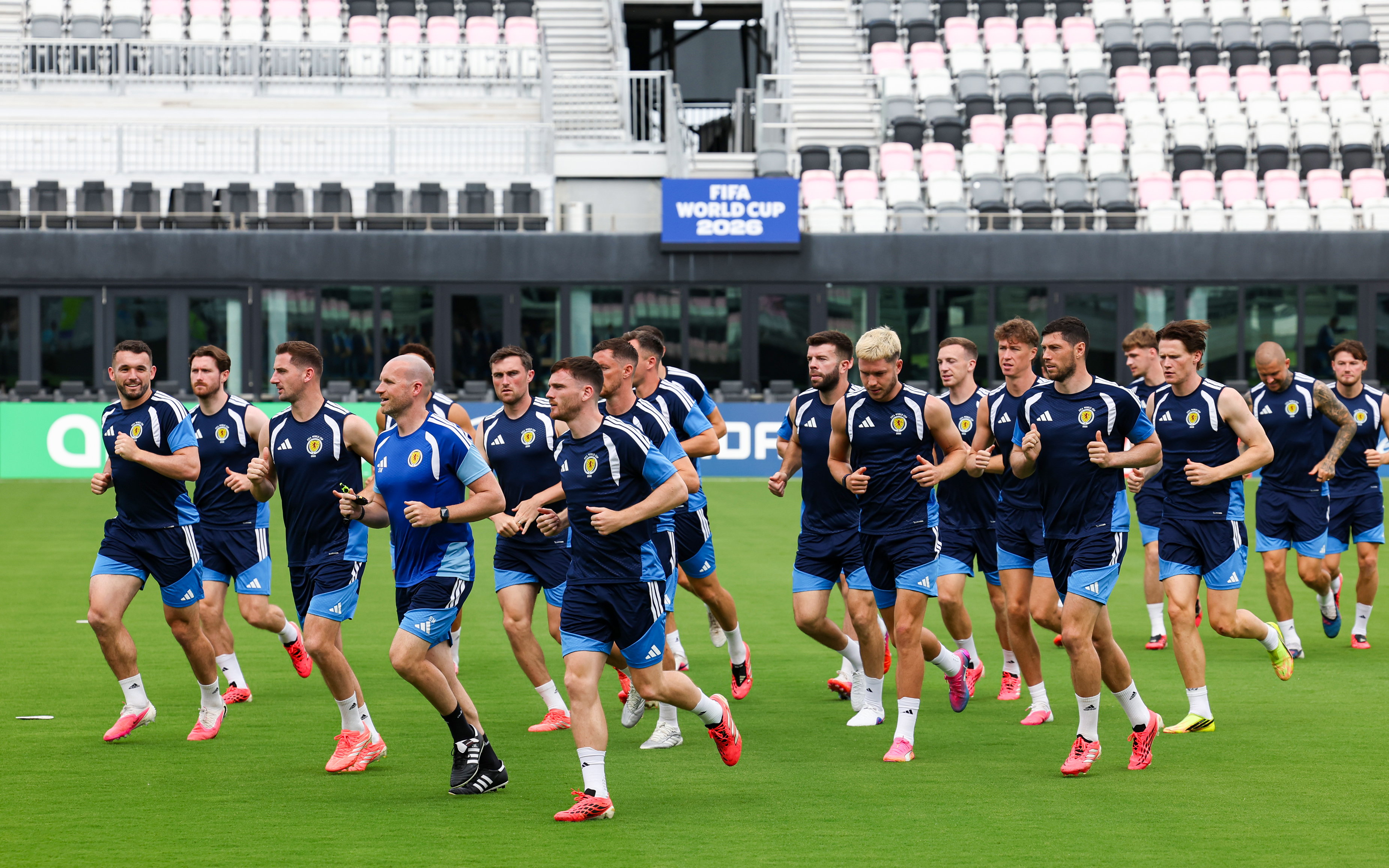FORT LAUDERDALE, UNITED STATES - JUNE 23: Andy Robertson (C) and teammates during a Scotland MD-1 training session at Chase Stadium, on June 23, 2026, in Fort Lauderdale, United States. (Photo by Craig Williamson / SNS Group)