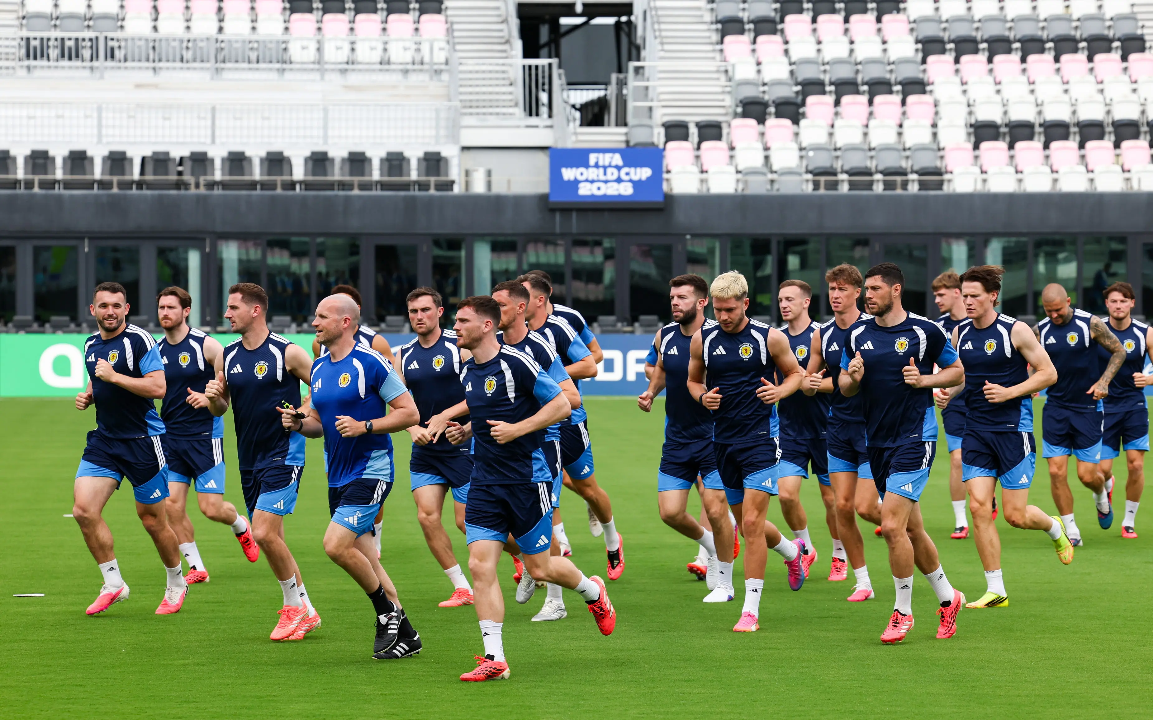 FORT LAUDERDALE, UNITED STATES - JUNE 23: Andy Robertson (C) and teammates during a Scotland MD-1 training session at Chase Stadium, on June 23, 2026, in Fort Lauderdale, United States. (Photo by Craig Williamson / SNS Group)