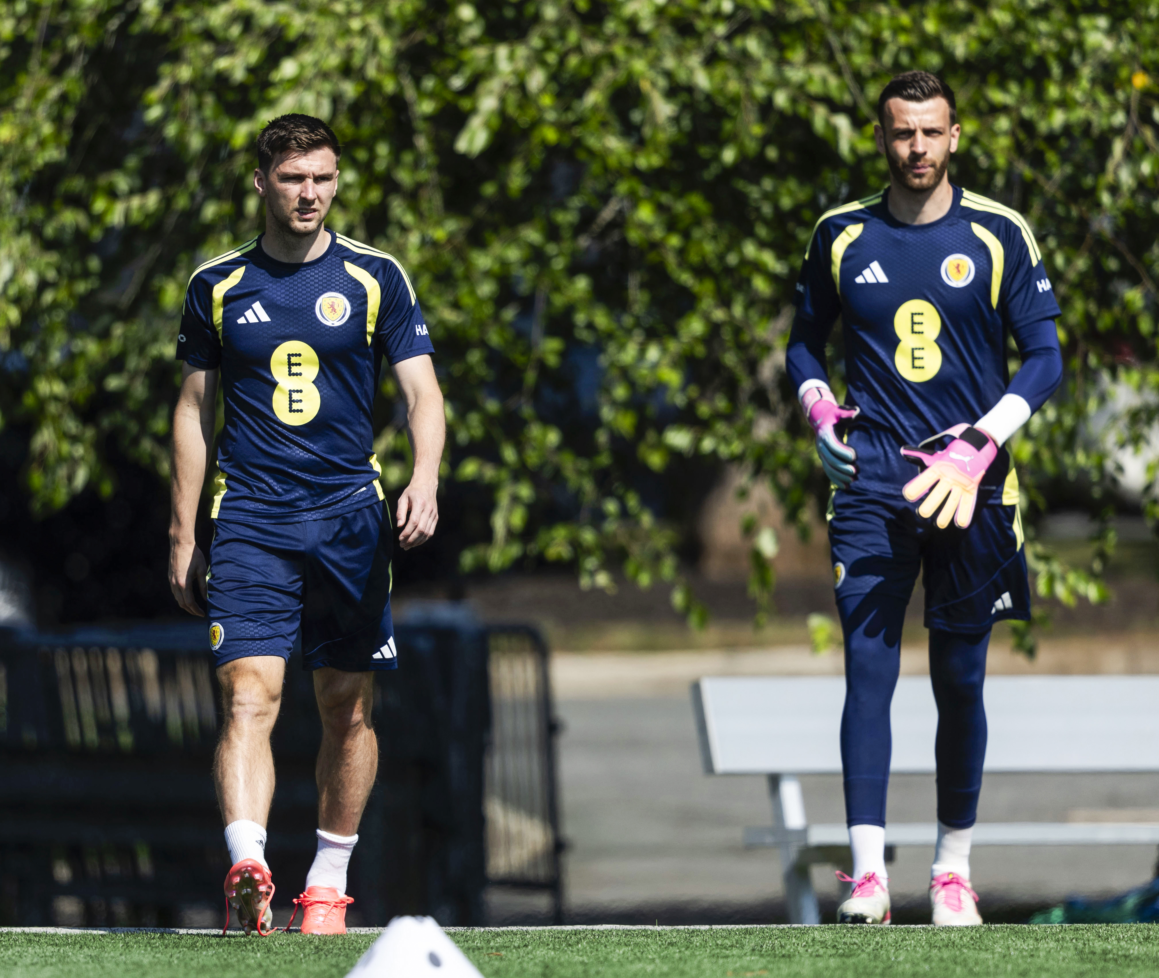 CHARLOTTE, UNITED STATES - JUNE 17: Kieran Tierney (L) and Angus Gunn during a Scotland training session at Atrium Health Training Ground, on June 17, 2026, in Charlotte, North Carolina, United States. (Photo by Craig Foy / SNS Group)