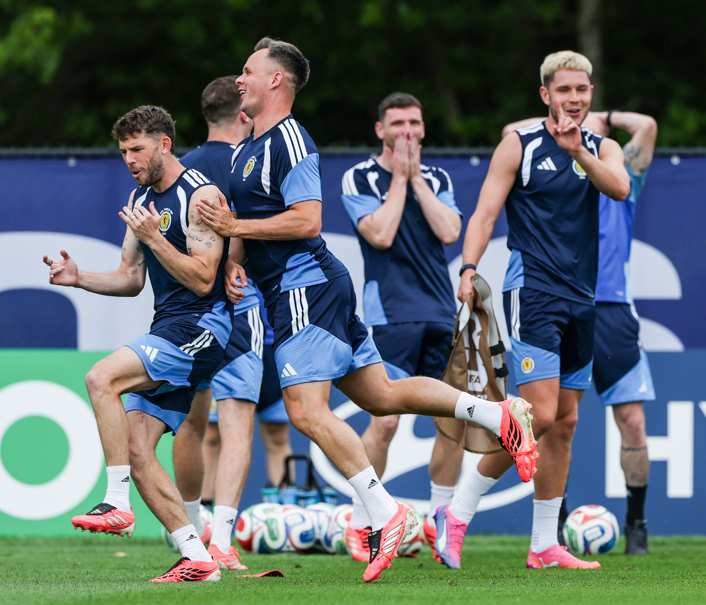 FOXBOROUGH, UNITED STATES - JUNE 18: Ryan Christie (L) and Lawrence Shankland during a Scotland MD-1 training session at the Revolution Training Centre, on June 18, 2026, in Foxborough, United States. (Photo by Craig Williamson / SNS Group)