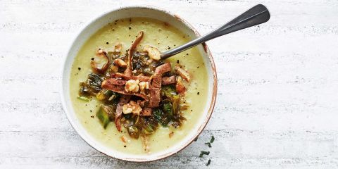 Leek and potato soup with crispy potato skins