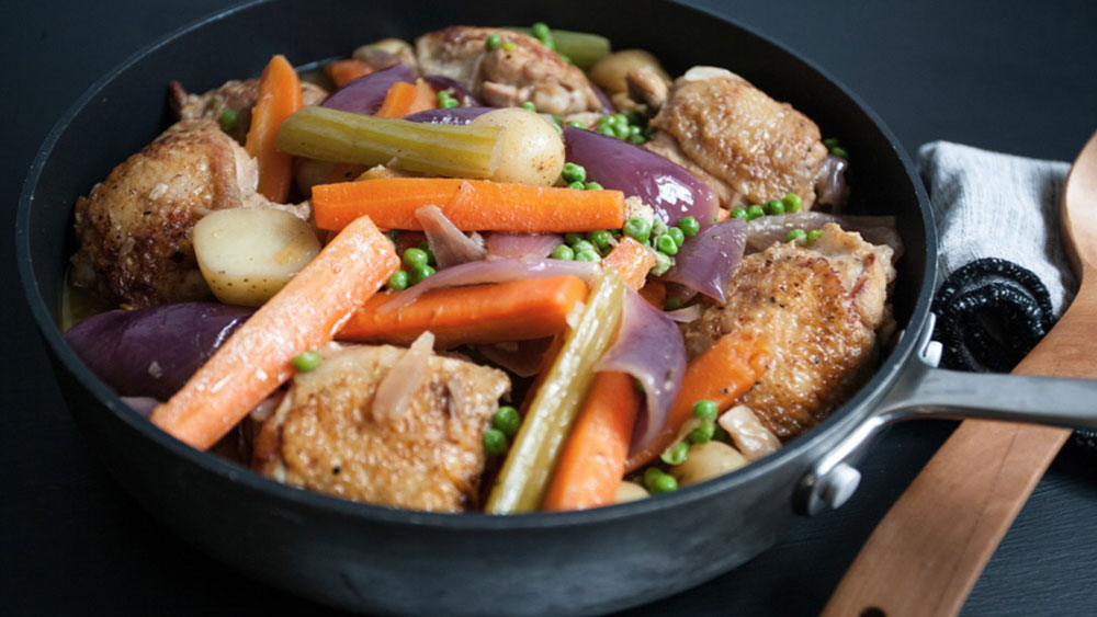 Braised chicken thighs and summer veg