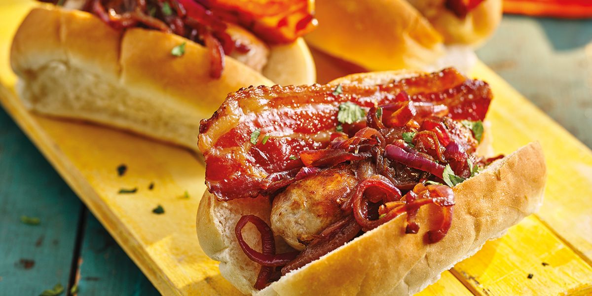 Bacon & caramelised onion hot dogs