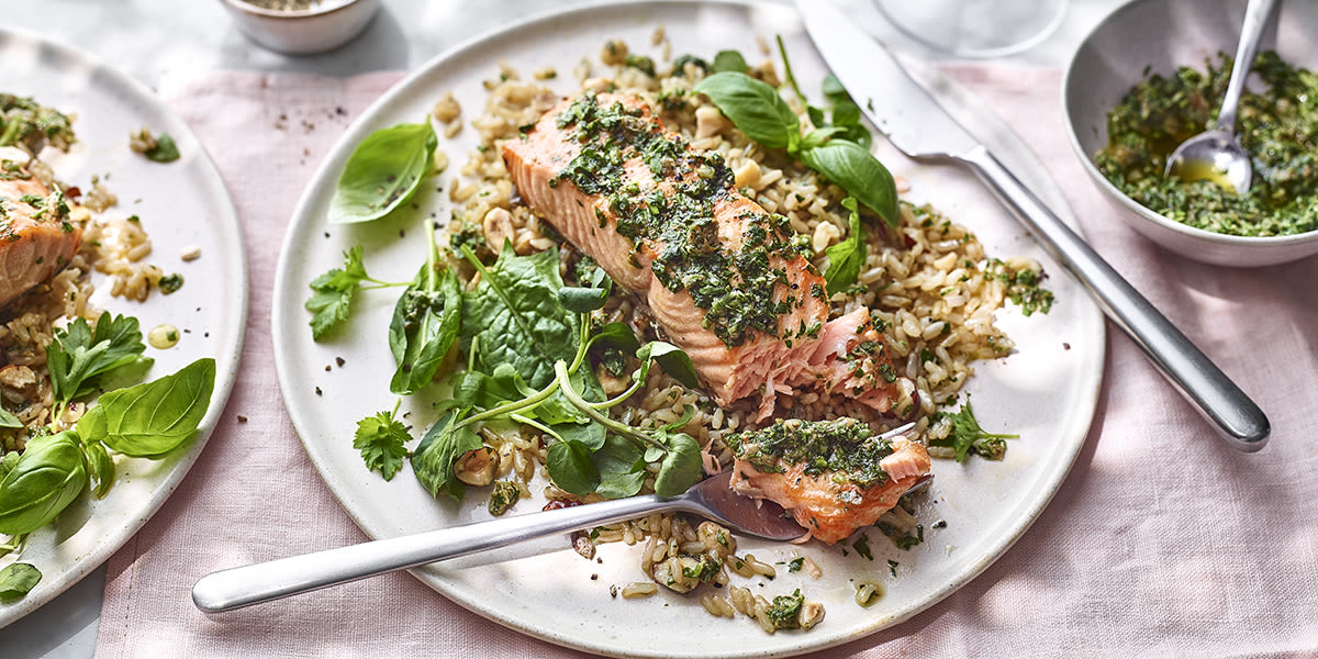 Salsa verde salmon with toasted hazelnuts 