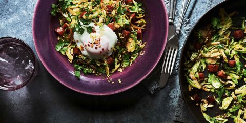 Brussels hash with crispy chorizo and poached egg