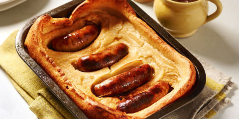 Toad in the hole with red onion gravy