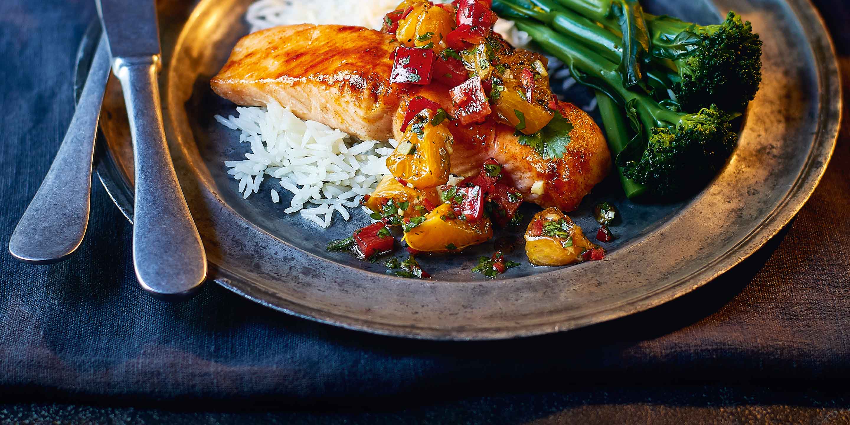 Honey-glazed salmon with charred clementine salsa