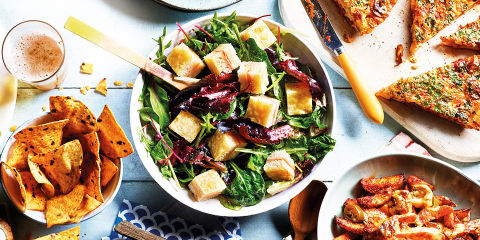 Green salad with croque monsieur croutons