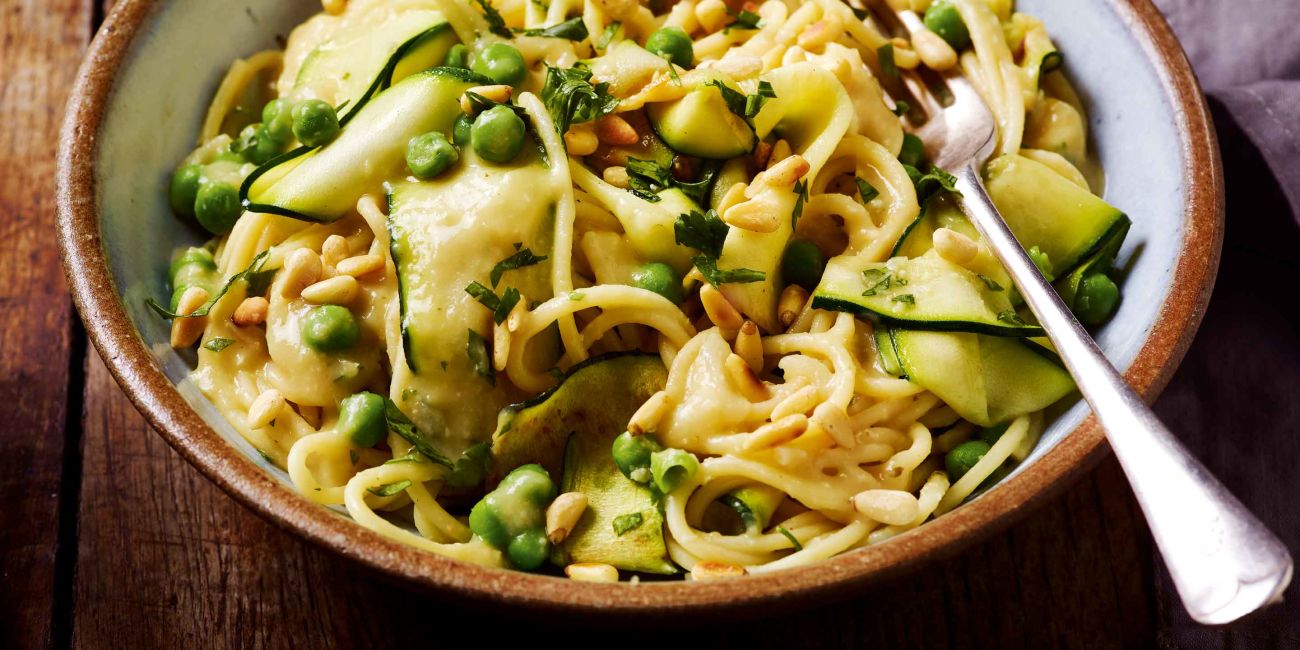 Garlic cannellini bean spaghetti with courgette