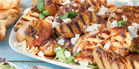 Griddled chicken with feta and peach