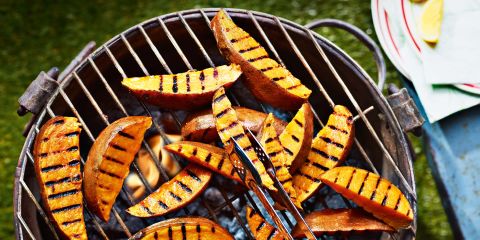 Griddled sweet potato wedges with houmous dip