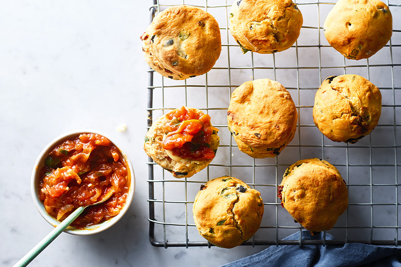 Basil olive scones with sweet tomato chutney