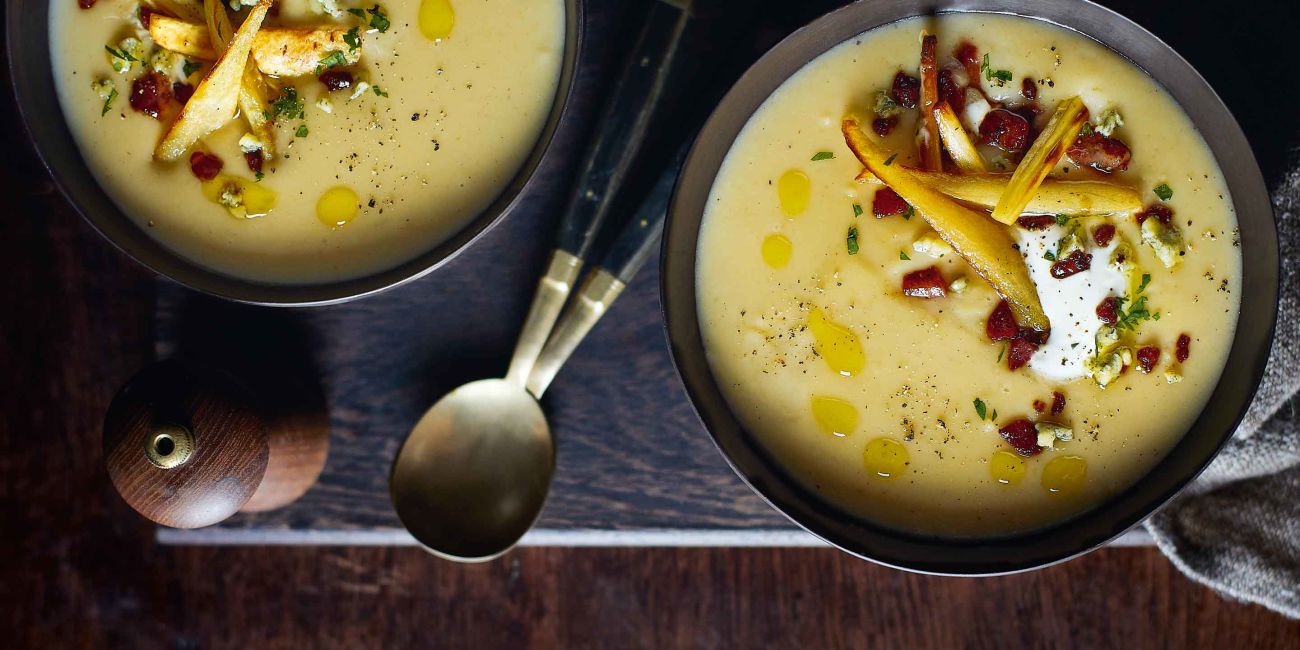 Roasted parsnip and pear soup with Stilton