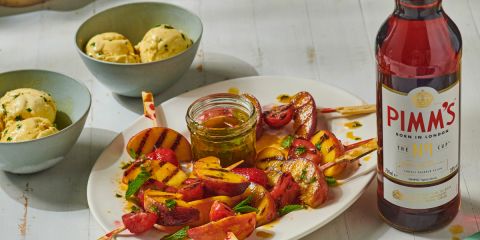 Grilled strawberry & peach kebabs with Pimm's syrup