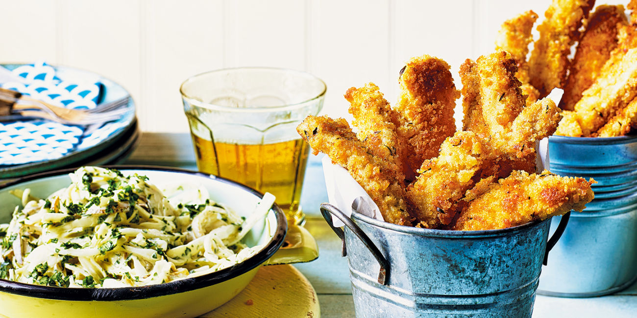 Pork schnitzel chips with slaw