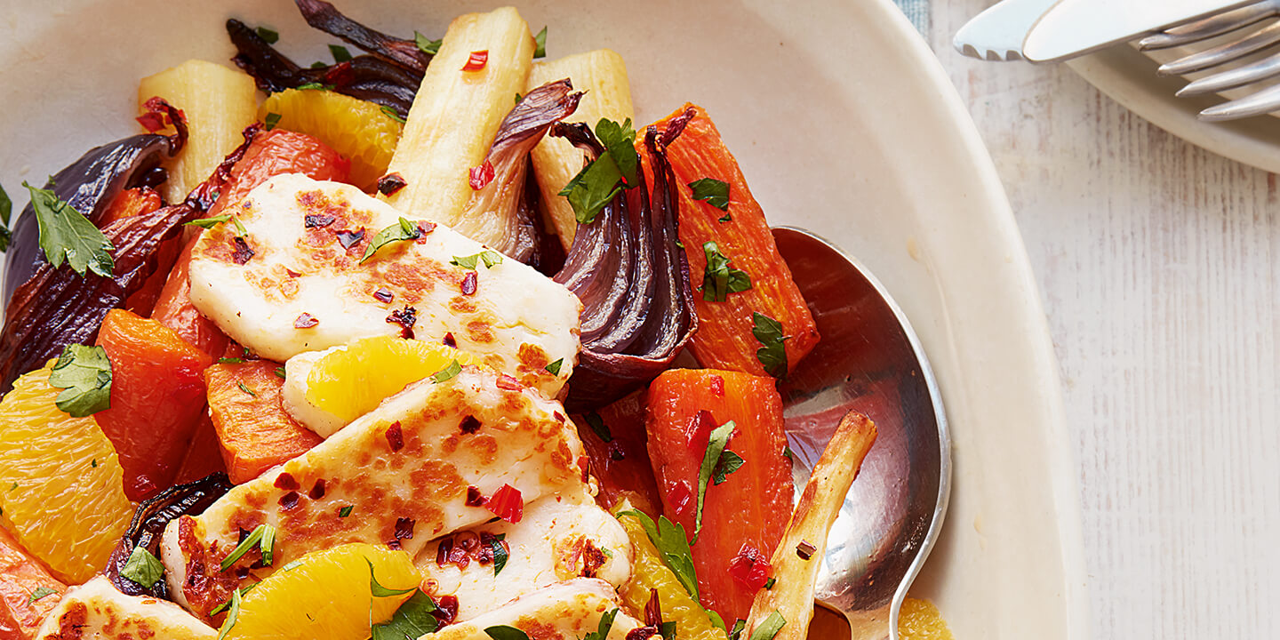 Roasted veg and halloumi salad