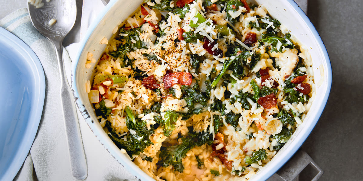 Baked kale risotto with smoked bacon