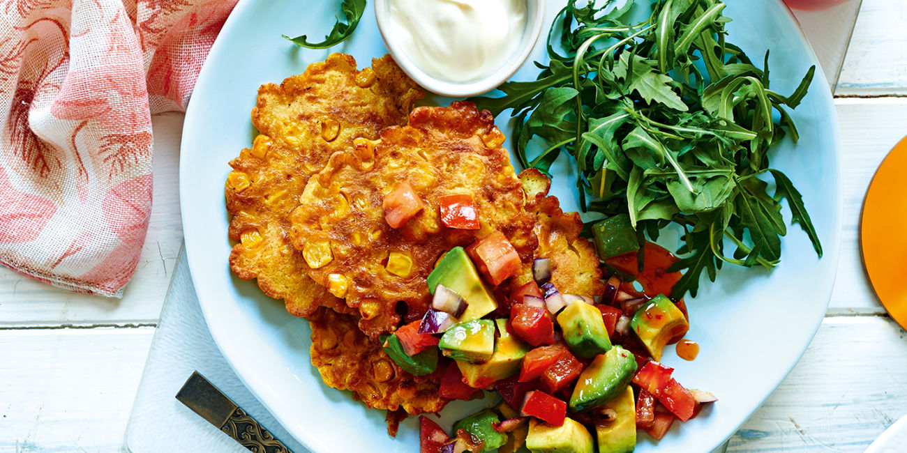 Sweetcorn fritters with avocado salsa