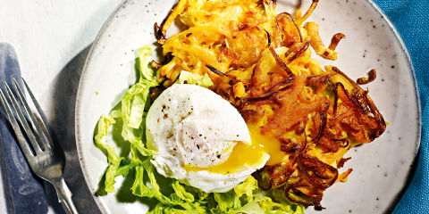 Carrot fritters with poached eggs