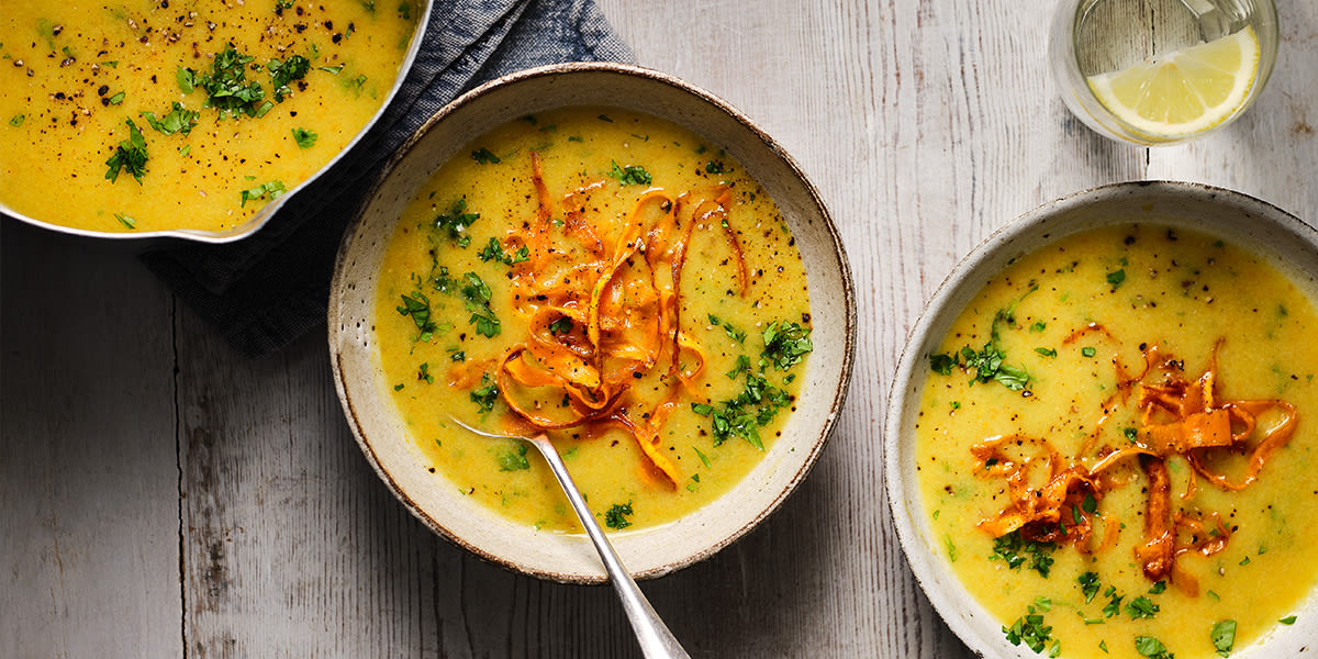 Lentil & vegetable soup with crispy carrot topper